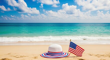 Obraz premium Patriotic beach scene with american flag and striped hat