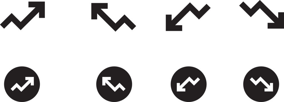 Eight distinct black and white financial market trend line graph arrow icon symbols for analysis