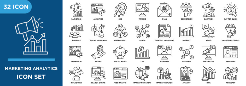 Marketing analytics  outline icon set featuring seo, traffic,campaign,marketing global, market analysis, and forecast 
