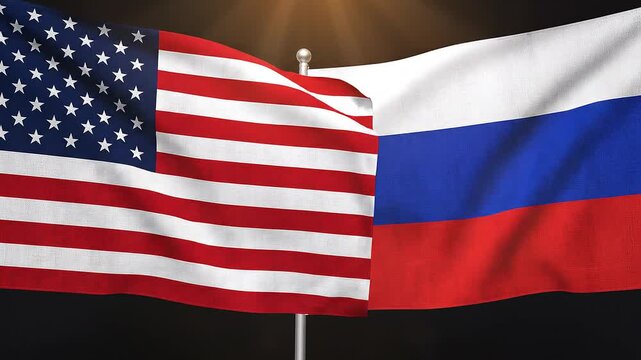 Side‑by‑side U.S. and Russian flags wave gently under light, symbolizing diplomacy, political relations, and cultural connections between the two nations in an international context.