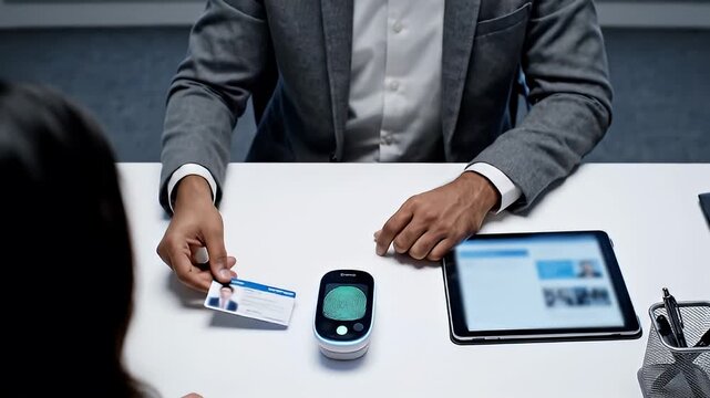 Businessman using glucose meter device.