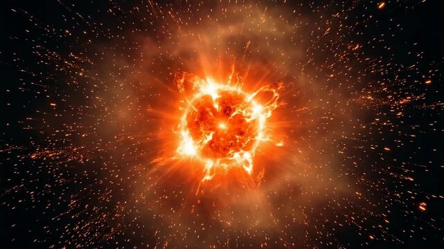 Powerful cosmic explosion with glowing orange core and radiant fiery sparks in deep space