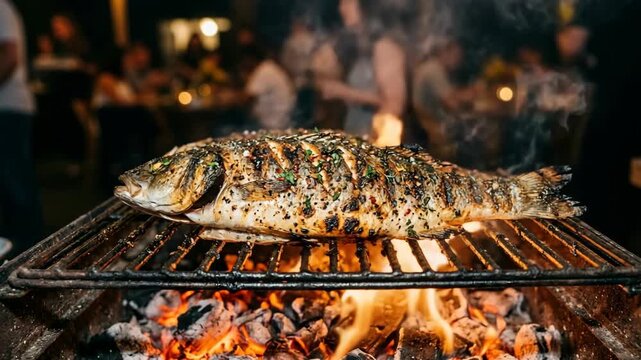 Whole seasoned fish grilling over open flames on charcoal barbecue at outdoor night party with blurred guests