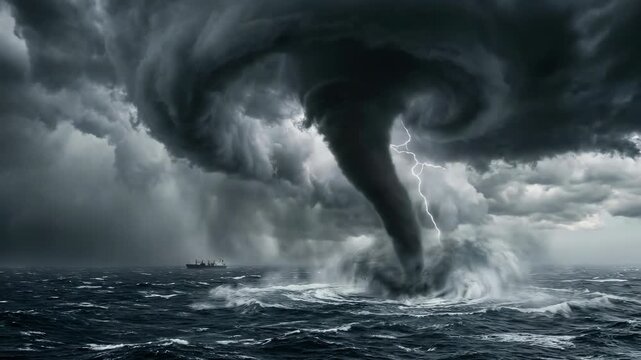 Powerful ocean waterspout storm with dramatic lightning strikes near a lone container ship under dark swirling clouds