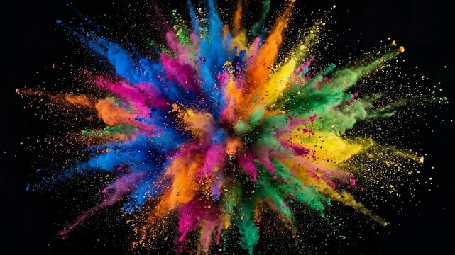 Vibrant multicolored powder explosion bursting outwards on a solid black background creating a vivid spectrum