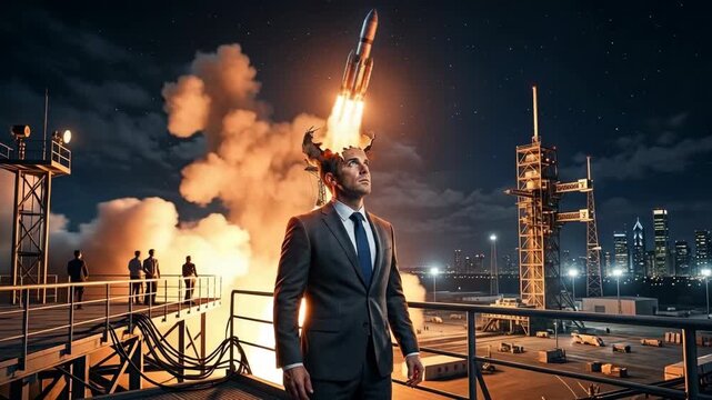 Surreal image of a successful businessman in a suit with a space rocket taking off from his head at night