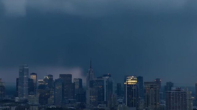 Dark storm clouds rolling above city skyline before rain
