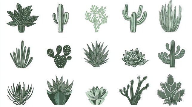 Succulent set in vintage silhouette design, diverse cactus varieties with stylized leaf and spine patterns, clean vector layout for botanical bundle