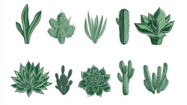 Succulent set in vintage silhouette design, diverse cactus varieties with stylized leaf and spine patterns, clean vector layout for botanical bundle
