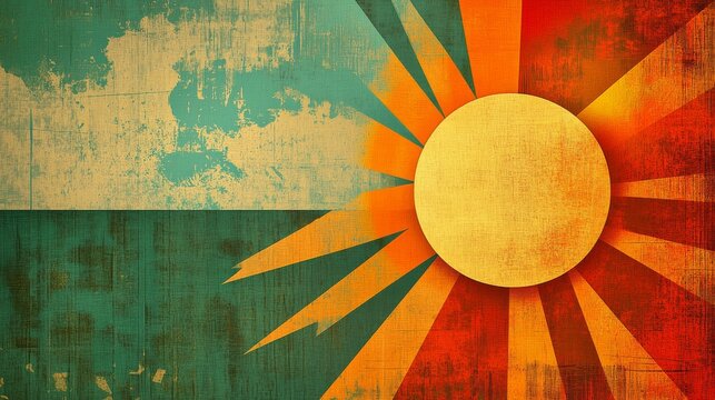Retro sun illustration in mid-century modern wallpaper style, bold geometric patterns with earthy tones and textured vector background