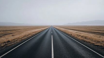 Long straight road in the middle of a dry desolate landscape, white overexposed sky and empty terrain, modern minimal composition with space for text
