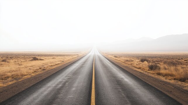 Long straight road in the middle of a dry desolate landscape, white overexposed sky and empty terrain, modern minimal composition with space for text