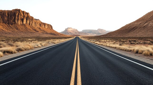 Isolated image of a highway through lifeless terrain under a blank white sky, sharp road lines contrasting with neutral desert surroundings