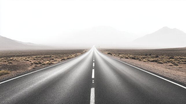 Isolated image of a highway through lifeless terrain under a blank white sky, sharp road lines contrasting with neutral desert surroundings