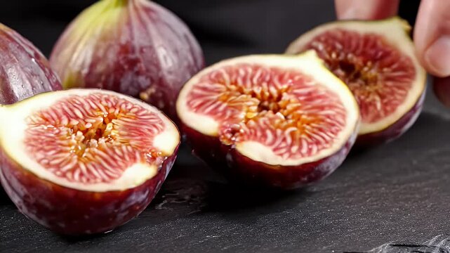 A knife cuts into a fig, held by human fingers. Fruit is on a dark surface