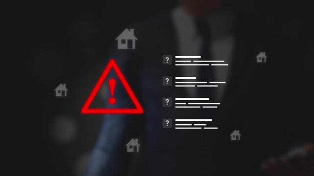 Financial Analyst Evaluating Mortgage Risk, Housing Uncertainty with Warning Sign on Virtual Screen. Interest Rate Volatility, Loan Risk Management, Financial Caution, Real Estate Analysis. 3D Video