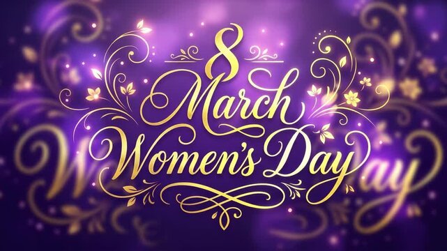 Golden calligraphic text for International Women's Day 8 March with floral swirls on purple festive background