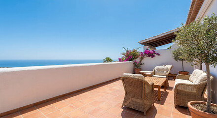 Fototapeta premium A beautiful terrace with wicker furniture and potted plants overlooks the blue ocean under a clear sky.