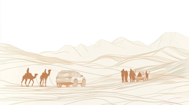 One-line art of people exploring desert landscape, camels in motion, SUV convoy on dunes, minimal linear illustration representing friendship and travel