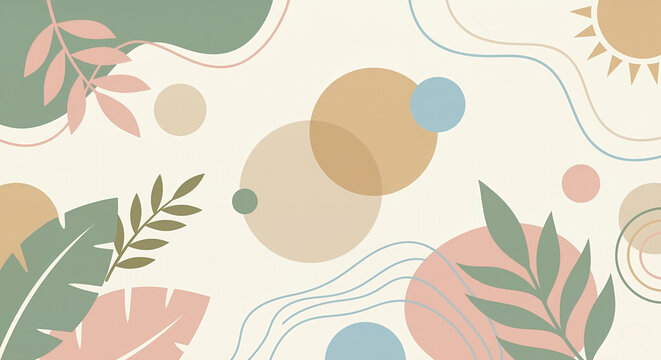 A minimalist abstract illustration features a soft color palette of beige, blush pink, sage green, and light blue. 