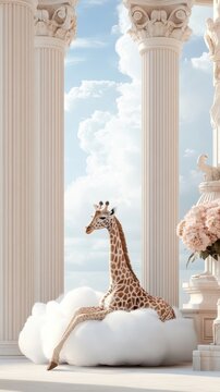 A giraffe on a cloud near a grand Roman temple, combining dreamlike and classical beauty.