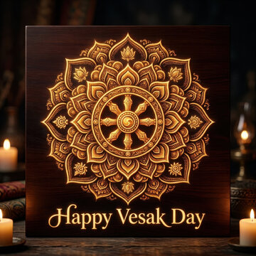 Golden Dharma wheel mandala on dark wood with candles intricate ornate