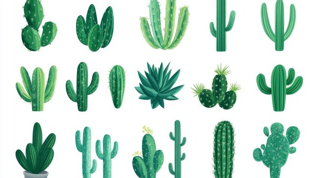 Flat vector set of stylized cactus and succulent icons, minimal desert plant shapes in bright green tones with clean outlines on white background