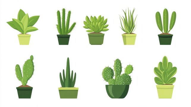 Flat vector set of stylized cactus and succulent icons, minimal desert plant shapes in bright green tones with clean outlines on white background