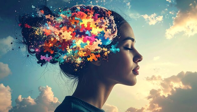 Womans Head Exploding with Colorful Puzzle Pieces Representing Thoughts and Ideas.