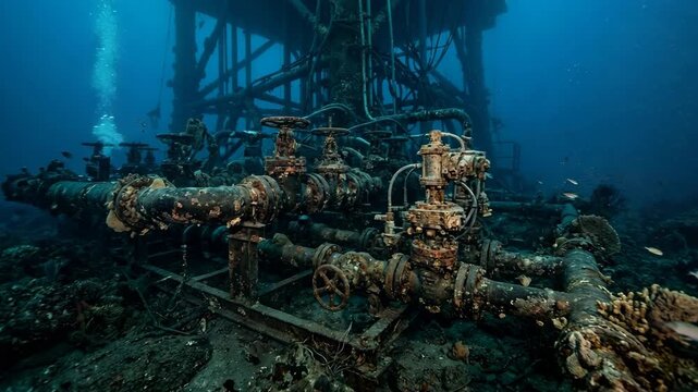 Underwater view of rusty oil rig pipes and valves on the deep ocean floor with air bubbles rising in the distance