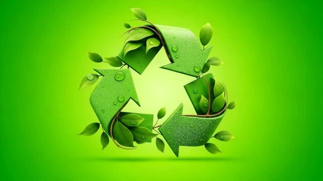 Green recycling symbol with fresh leaves and water drops on a vibrant green background representing environmental conservation