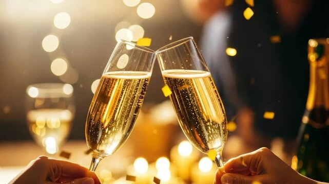 Hands clinking elegant champagne flutes with golden confetti and bokeh lights at a festive celebration party