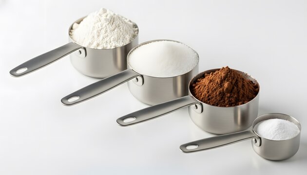 Measuring cups with various dry ingredients on a white background