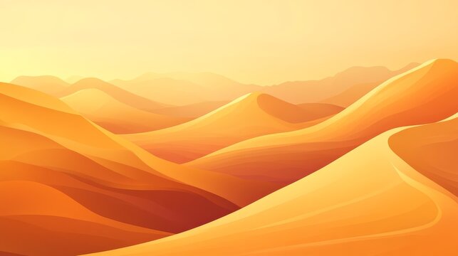 Abstract vector artwork of desert dunes under golden sunlight, layered sandy hills in gradient orange and beige with clean graphic composition