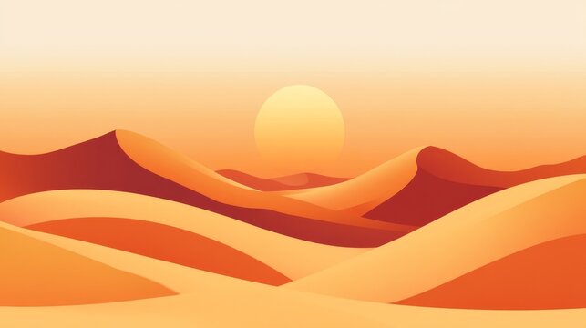 Desert scene illustration with sun rising above smooth dune shapes, simplified vector art in warm ochre and terracotta color scheme