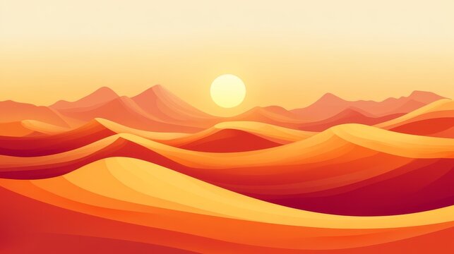 Desert scene illustration with sun rising above smooth dune shapes, simplified vector art in warm ochre and terracotta color scheme