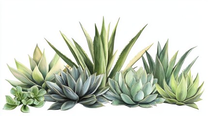 Obraz premium Multiple agave plants in different sizes and leaf patterns, realistic rendering with clear separation and no background, ideal for cutout or collage design