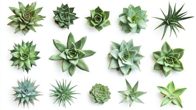 Collection of agave plant varieties with thick rosettes and sharp leaf edges, top view and side view angles on pure white backdrop
