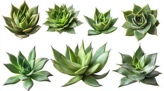 Botanical set of succulent agave species in vivid green tones, isolated for graphic use with precise clipping path on white background