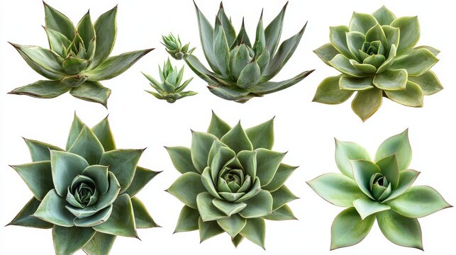 Collection of agave plant varieties with thick rosettes and sharp leaf edges, top view and side view angles on pure white backdrop