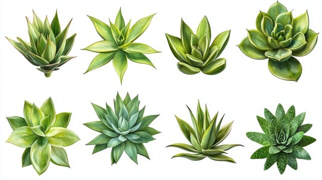Botanical set of succulent agave species in vivid green tones, isolated for graphic use with precise clipping path on white background