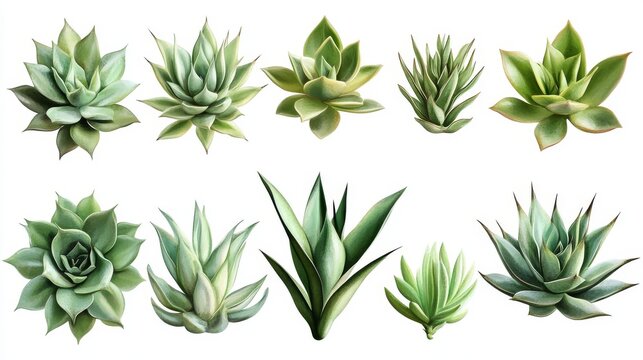 Botanical set of succulent agave species in vivid green tones, isolated for graphic use with precise clipping path on white background