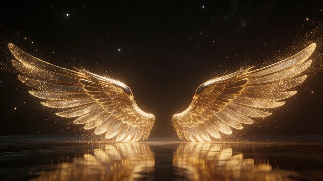 Golden Angel Wings with Sparkling Particles and Starry Background, Reflective Surface, Digital Art