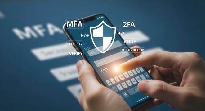 mfa, fa, security, login, verify, code, authenticator, Hands using smartphone with digital login interface and security shield icon, symbolizing MFA, FA verification, and strong account protection.