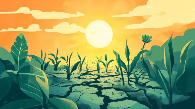 Flat design showing failed crop growth, cracked earth and overheated environment, symbolizing global climate issues and water scarcity