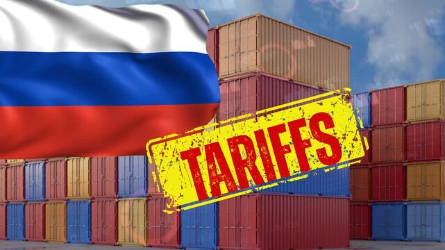 The Russian Flag and Global Shipping Containers under a "TARIFFS" Stamp: A Symbol of Economic Isolation and Trade Barriers. These are punitive tariffs imposed on key industries or product lines.