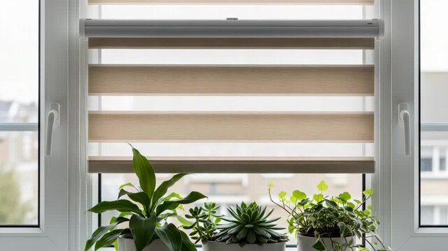 Modern beige zebra roller blinds on a white window with indoor potted plants and green succulents on the windowsill