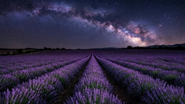 Stunning view of blooming lavender field under a bright Milky Way galaxy and starry night sky in the countryside