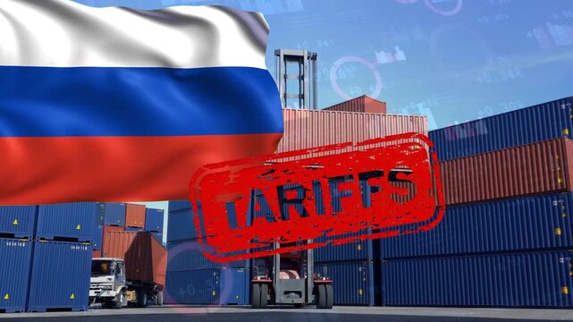 The Russian Flag and Container Terminal Under a "TARIFFS" Stamp: A Symbol of Economic Isolation and Trade Barriers. These are punitive tariffs imposed on key industries or product lines.
