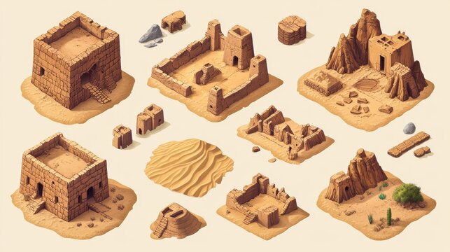 Collection of isometric desert icons with ancient mud buildings, sandy walkways, dry cracked land surfaces and textured natural elements